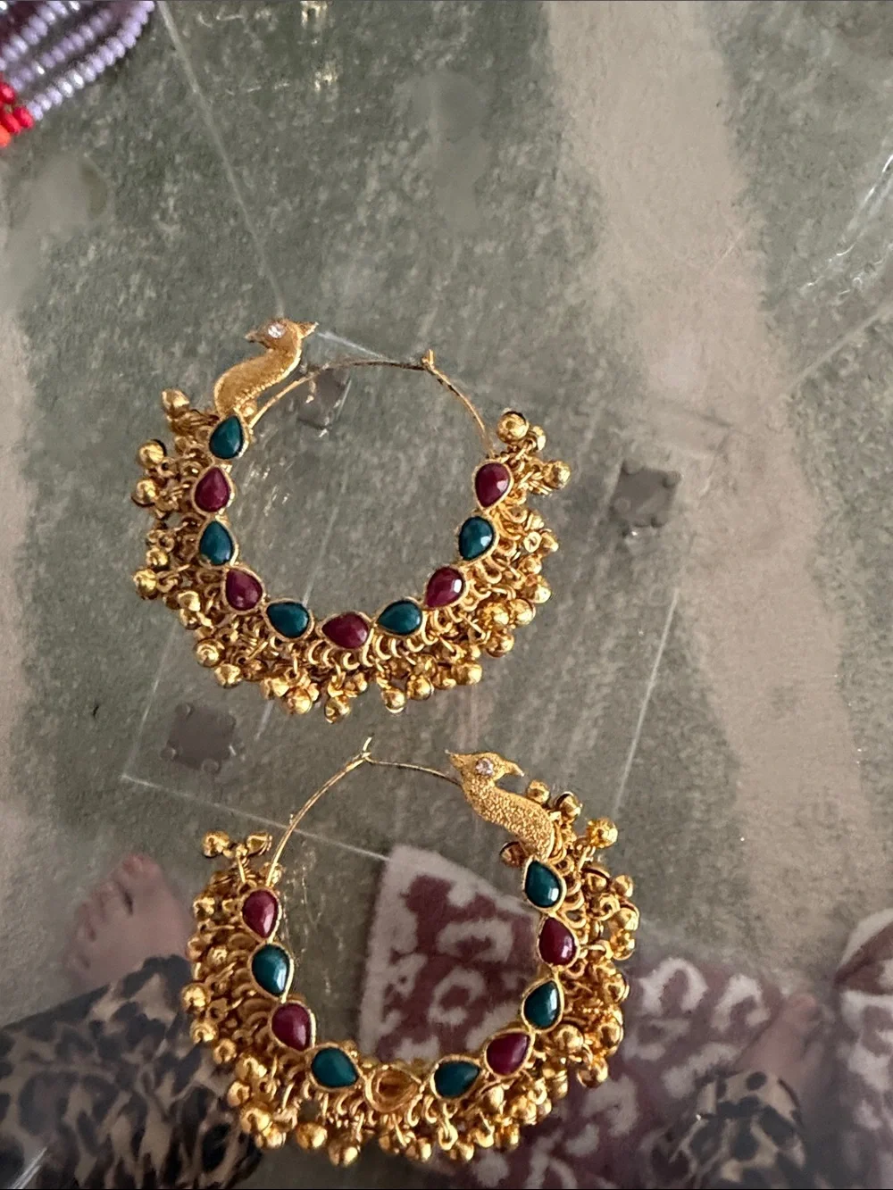 Gold-Tone Hoop Earrings with Red & Green Stone Accents missing stone